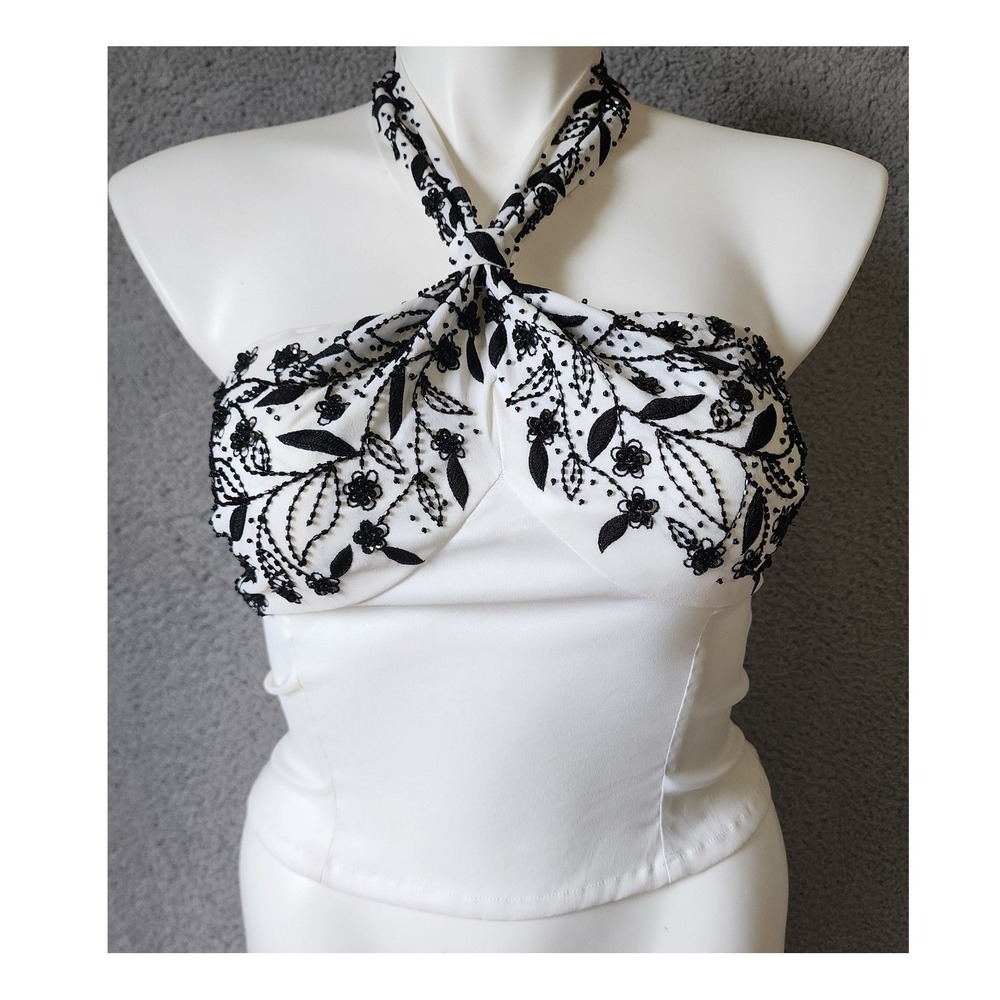 New Laurence Kazar Halter Top Womens M White Black Beaded‎ Floral Sequin Evening